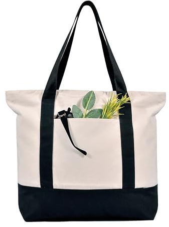 MINIMARG Heavy Duty 100% Cotton Canvas Tote Bag With Zip and external pocket, Suitable for Daily Grocery, Travel, Shopping, Events and Gifts, Sturdy Reusable Women Beach Tote Bag (Natural/Black)