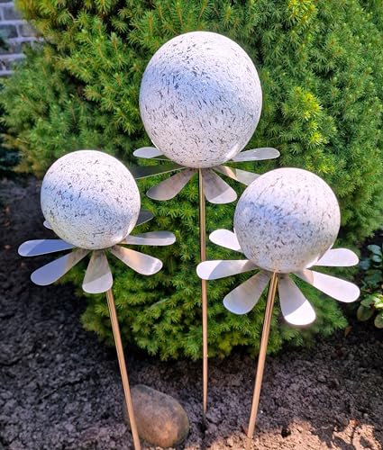 Jürgen Bocker Garten-Ambiente Blütenzauber Rotterdam 3er Set Rosenkugel 15/10/10 cm Edelstahl Gartenstecker Deko mit Stab 80 cm (weiß)