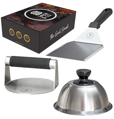 SMASH&CO - Smash Burgerpresse Pro-Edition-Kit - Edelstahl - EU-Zertifikat für Lebensmittelkontakt - Enthält: Burgerpresse, Glocke, Spatel - Ergonomischen Griff mit Schutz vor Verbrühungen - Hamburger