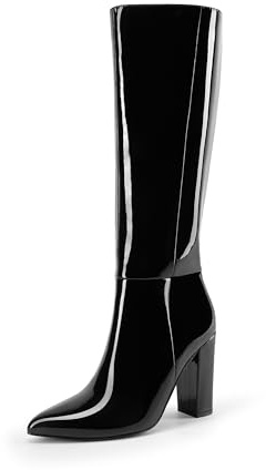 DREAM PAIRS Women's Knee-High Boots, Comfortable Chunky Block Heel Pointed Toe Pull On Side Zipper Suede Slouch Riding Boots SDKB2406W,Size 7,Black-Pat,SDKB2406W