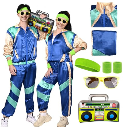 HarnyLoom 80er 90er Outfit Jahre Damen Herren Kostüm Retro Trainingsanzug Disco Verkleidung mit Stirnband Armbänder Kostüm für Halloween Karneval Party (Dunkelblau, XL)
