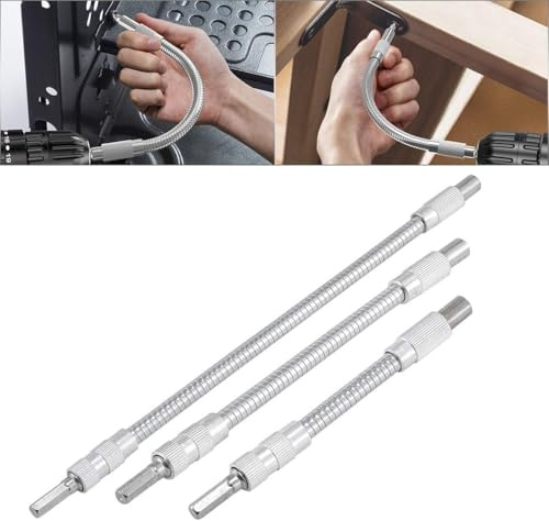 HOHXEN 3 Pcs Mixed Drive Flexible Socket Extension Bar Adapter Set - 150mm/200mm/300mm, 6.35mm(1/4 Inch) Hexagonal Shank with Magnetic Multi-Purpose Screwdriver for Dead Ends and Confined Spaces