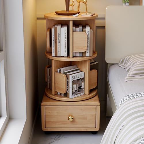 TRUNXUCL 2 Drehbares Bücherregal mit Schublade, 360° Bewegliches Eckbücherregal für Kleine Räume, Bodenstehendes Bücherregal, Aufbewahrungsregal, Vitrine(Beige)