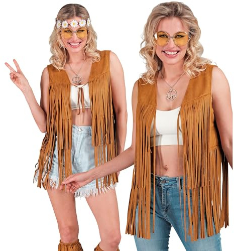 W WIDMANN MILANO Party Fashion - Hippie Fransenweste Damen | Braune Weste für Festival, Karneval, Mottoparty, 70er Jahre Flower Power Kostüm und Retro-Outfits