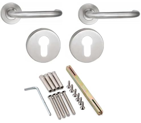 NATIONWIDE - FIRE SPECIALISTS Stainless Steel Lever Handle with Escutcheons for Euro Cylinder, Round Door Lever Lock On Rose, Door Handle Set with Spindle, Interior Doors,