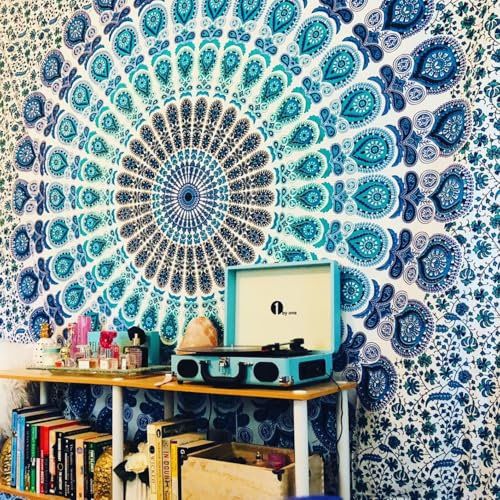 FURNISHFUL FINESSE Mandala Wandteppich Türkis Wandbehang Wandteppiche Boho Pfau Wandtuch für Dekor Zuhause und Wohnzimmer– 76 x 102 cm