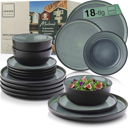 SÄNGER Malmö| Steingut Geschirr Set 18 tlg, Teller Set 6 Personen, Geschirrset 6x Speiseteller 6x Müslischalen 6x Dessertteller, Tafelservice dunkelgrün kratzfest, Essgeschirr | VALUE COLLECTION
