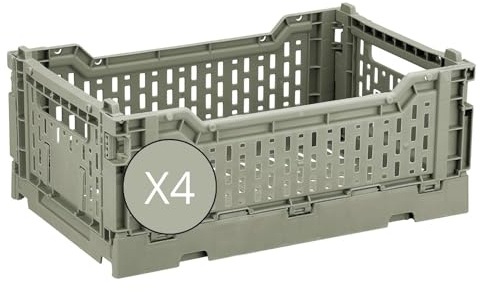 Box and beyond - Lot de 4 Caisses de Rangement pliables - 40 x 30 x 15 cm - Plastique Vert - Pliables - Avec Poignées - Rangement - Cuisine, Bureau, Chambre, Salon - Style Simple et Pratique