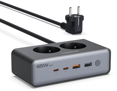 TESSAN Cargador USB C, 6 en 1 Estación de Carga con 2 enchufes de CA, GAN PD 65W Cargador Carga Rapida con Interruptor, Cable de extensión de 1,5 m para teléfonos móviles, tabletas y portátiles
