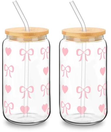 Nymora Set of 2 Coquette Bow Glass Cups – 16OZ Pink Glass Cups with Lids and Straws, Reusable Pink Bow Silicone Straw Toppers, Lids Protectors, Boba Tea & Cocktails (Heart Design)