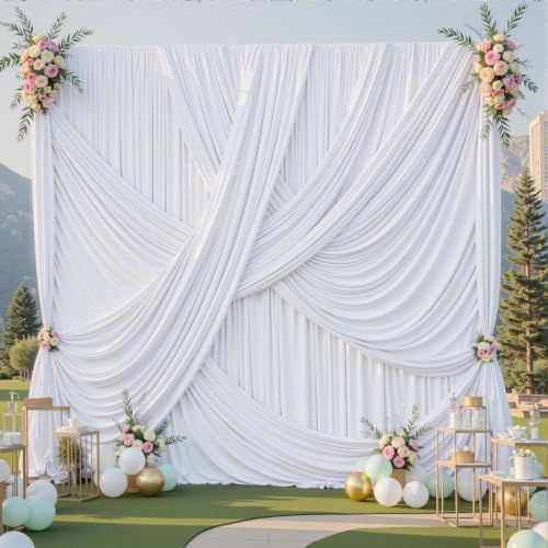 3×3 m Blanc Rideau de Fond pour Mariage, 2 Panneaux 1,5×3m Soie sans Plis Polyester Blanc pour Photo de Mariage, Photographie, Fête d'Anniversaire, Baby Shower, Décoration de Scène, Arrière-Plans