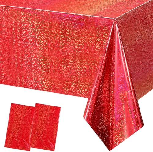 MORAINJAY 2 Stück Laser Holografisch Tischdecke Rot Rechteckige Wasserdicht Glitzer Tischtuch, 137x274cm Folie Plastik Tischdecken für Party Geburtstag Hochzeit Dekoration Metallische Tischfolie