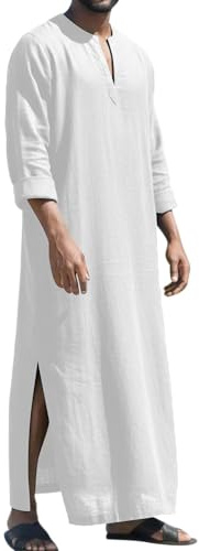 LVCBL Caftán de manga larga para hombre con bolsillos, ajuste universal, M-3XL, Blanco, M