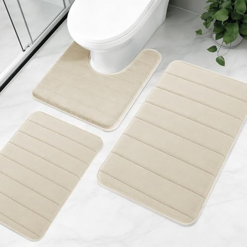 NAKIHOUSE Lot de 3 tapis de bain antidérapants en mousse à mémoire de forme épais et absorbant l'eau, lavable en machine, beige