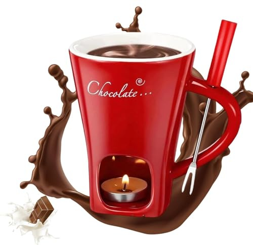 Chocolate Fondue Mug with Forks, Chocolate Melting Cup for Chocolate Cheese & Desserts Ceramic Fondue Pot Set Ideal Gift for Date Nights Birthdays Anniversary Weddings (Red)