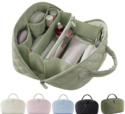 Travel Makeup Bag for Women – Large Capacity Waterproof Puffer Cosmetic Organizer, 180° Lay-Flat Toiletry Bag, Machine Washable Nylon Kulturtasche Damen with Handle (Grün)