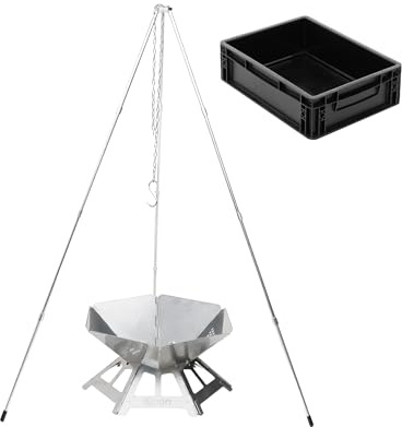 BOXIO – FIRE BUNDL: Brandskål i rostfritt stål med grillgaller och treben – oktagon eldstad utomhus & campinggrill, liten eldskål med gnistskydd, minibrandkorg-set för trädgård och lägereld