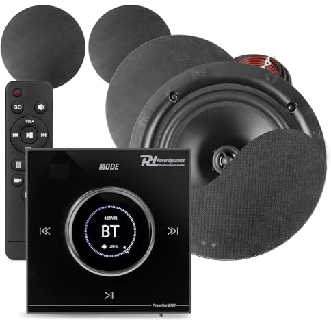 Power Dynamics Powerline B100B Bluetooth Ceiling Speaker System, 4x Slim 6.5 Black Speakers with In-Wall Bluetooth Amplifier, LCD Panel, Multi-Input, Complete Home Audio Kit