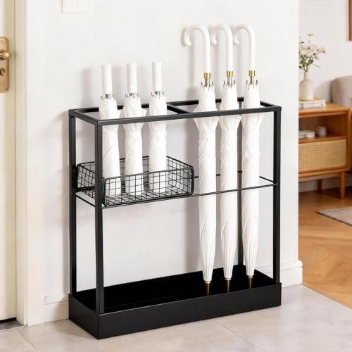 Minifactory Heavy Duty Umbrella Stand - Waterproof Metal Umbrella Holder & Rack for Indoor Use, Large Capacity Hallway Entryway Storage with Drip Tray, Modern Home Decor (Black) (Black)