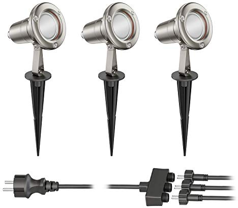 ledscom.de Gartenstrahler MUK mit Erdspieß für außen, Edelstahl, je 18,51W je 430lm 100° warm-weiß 3er Set