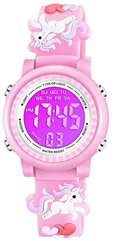 Venhoo Kids Watches for Girls Boys 3D Cartoon 30M Waterproof 7 Color LED Digital Child Wrist Watch Gifts for Girls Kid-Pink