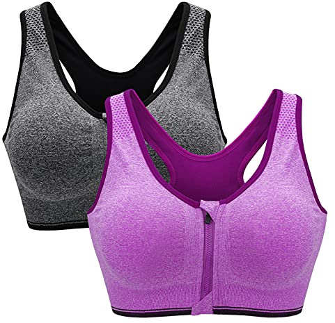 ZOEREA Sport-BH för kvinnor bekväm yoga-bh med avtagbara dynor dragkedja framtill fitness löpning dans gym push-up BH för kvinnor, Grå och lila, XXL