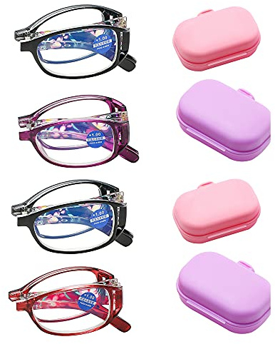 JoXiGo 4 Stueck Damen Lesebrille Anti-Blaulicht Kompakte Faltbar Klappbar Rahmen Brillen mit Pocket Etui,+2.0