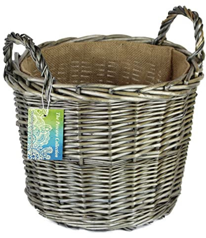 Round Grey & Antiqued Wicker log baskets. Hessian lined. Wood & kindling storage for home hearths and fireplace. Large wood burner bin (Wicker Handle, 34 cm)