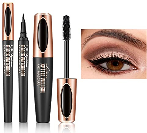 2 in 1 4D Silk Fiber Mascara mit Extra Langen, Dicken und Voluminösen Wimpern + Wasserfester Schwarzer Liquid Eyeliner - Schnell Trocknend Langlebig
