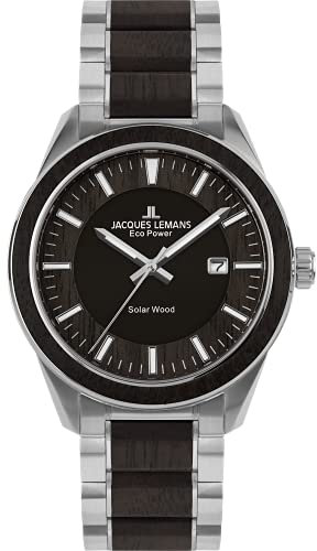 JACQUES LEMANS Holzuhr Herren, Solar Wood Herrenuhr - Model 1-2116G, Chronograph und Armband Dunkelbraun, Edelstahl mit Holzeinlage für Männer, Armbanduhr Holz Herren Holzuhren für Herren