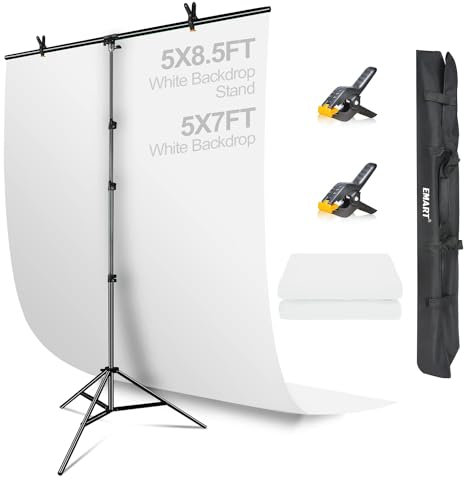 EMART White Backdrop with Stand, 1.5x2.0m(5x7ft) White Screen Photography Backdrop with 1.5x 2.6m(5x 8.5ft) T-Shape Background Support, Photo Studio Kit for Photoshoot Video Recording Party