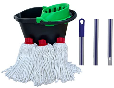 Pack Ahorro Fregonas Algodón con Cubo Escurridor Integrado Y Palo Ajustable Limpieza Profunda Suelos Brillantes Hogar Oficina Fácil Uso Alta Absorción Durabilidad Versatilidad Práctica Total