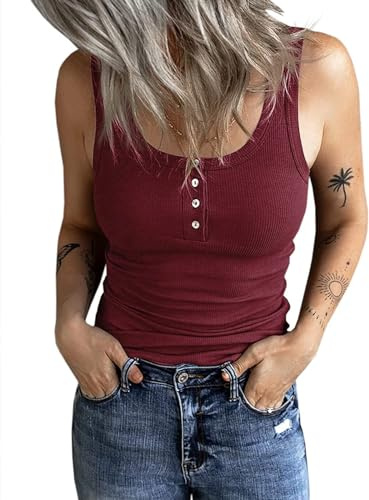 Fessceruna Damen Tops Sexy U-Ausschnitt Tank top Ärmellos Sommer Oberteile Gerippt Camisole mit Knöpfen(Weinrot, M)