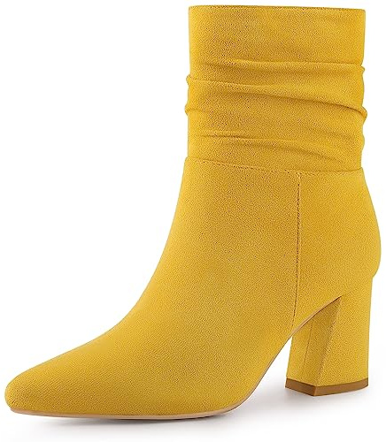 Allegra K Women's Pointy Toe Slouches Zipper Chunky Heel Yellow Ankle Boots 8 M US