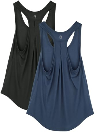 icyzone Women's Workout Yoga Tank Tops Long Racerback Sleeveless Sport Athletic Running Shirts, 2-Pack (Black/True Navy, M)