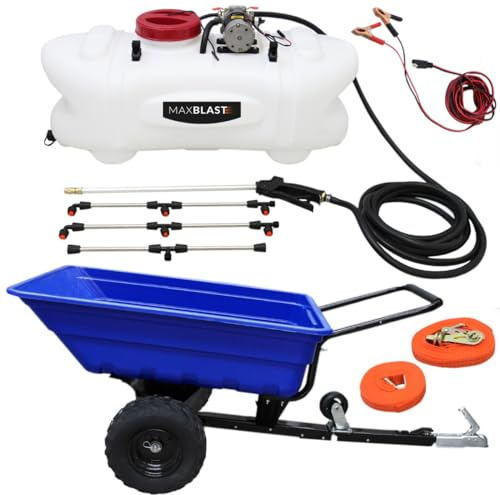 Conjunto de REMOLQUE ATV Todo Terreno 300x940x120mm con Neumáticos Capacidad 295kg y PULVERIZADOR con Tanque 100L de 400x380x400mm con 5m Cable y 5m Cinturón Seguridad Presión Máxima 12 bar