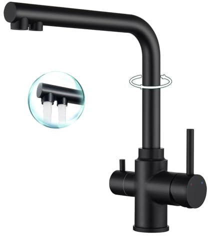 lovhaus 3 Wege Wasserhahn Küche Schwarz Matt, 360° Drehbar Küchenarmatur, 3 in 1 Mischbatterie Küche für Wasserfilter, Trinkwasserhahn mit 2 Hebel, Spültischarmatur aus Edelstahl