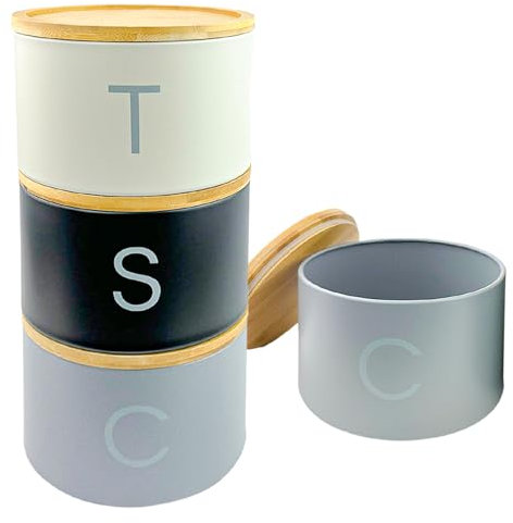 SAFRI 3 Pieces Jar with Wooden Lid Tea Coffee Sugar Canister Storage Container Bowl Pots Kitchen Storage Tins (Black, White & Grey)