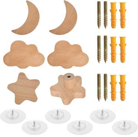 Zimoer Wood Wall Hook,Wood Coat Hook,Animal Shape Wooden Sticky Hook,Self-Adhesive Towel Hooks with Screws,Kids Coat Hook,Wall Hangers for Hanging Clothes Hat Scarf Bag(star,moon,cloud)