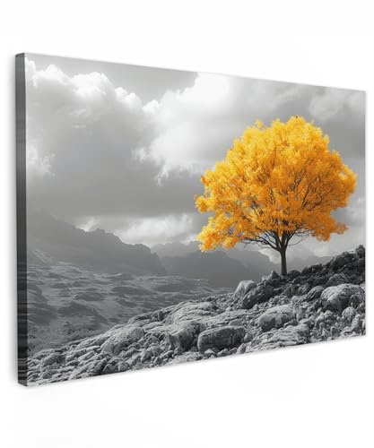 MuchoWow© Leinwandbild Groß XXL Dekoration Wohnzimmer Bilder Pictures Wall | 120x80 cm - Decoration Living Room Wohnungs Deko Moderne Bild Gelb - Baum - Natur - Schwarz und weiß