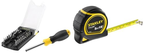 Stanley STHT070885 Multibit Screwdriver Set, 22.8X 7.6X 5cm (34 Pieces) & Tylon Tape Measure 5M/16 Inches Compact Case with Cushioned Grip Metric and Imperial System 1-30-696, Yellow