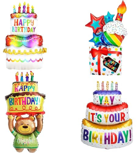 Palloncino in pellicola Happy Birthday Torten XXL, 4 palloncini di compleanno gonfiabili, per torte e palloncini regalo, adatto per compleanni dei bambini (gonfiare con elio o aria)