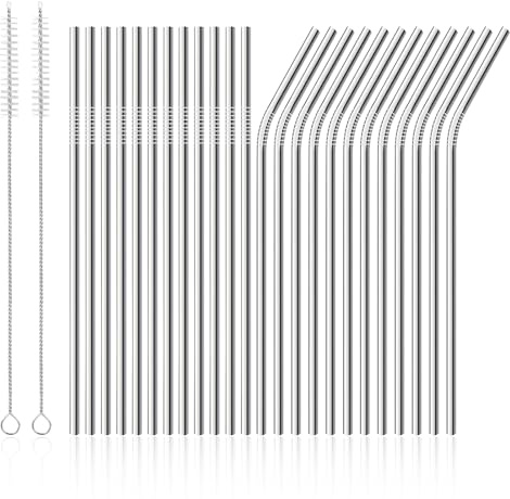 ELEpl 24 Pièces Paille Inox 21,5 cm avec Brosse de Nettoyage Pailles à Boire Metal Réutilisables 12 Droites et 12 Courbées pour Cocktail Smoothies Milkshakes Jus Café Boissons Chaudes