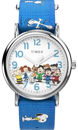 Timex TW2W19400 Peanuts Damen-Armbanduhr, 38 mm, blaues Stoffarmband, weißes Zifferblatt, silberfarbenes Gehäuse