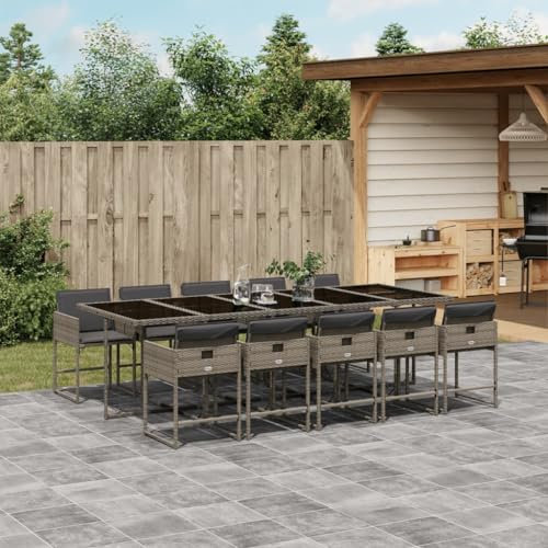 IKAYAA Rattan Gartenmöbel Essgruppe für 10 Personen, Garten Sitzgruppe, Terrassenmöbel Set, Gartengarnitur, Sitzgarnitur, Essgruppe, Gartentisch mit 10 Stühle & Kissen Grau