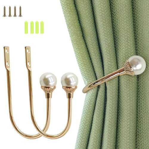 lfcforldx Gold Plastic Pearl U-Shaped Curtain Tie-Backs with Screws, Wall-Mounted Hooks for Home Office Curtains (Pack of 2)