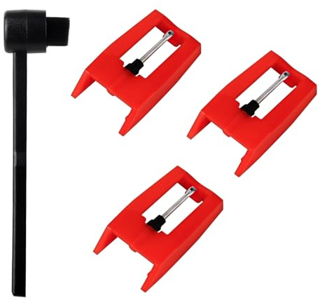 3 Pack Ruby Record Player Needles, Replacement for Crosley Victrola ION Jenson Boytone Turntables, with Stylus Cleaner Brush (Red)