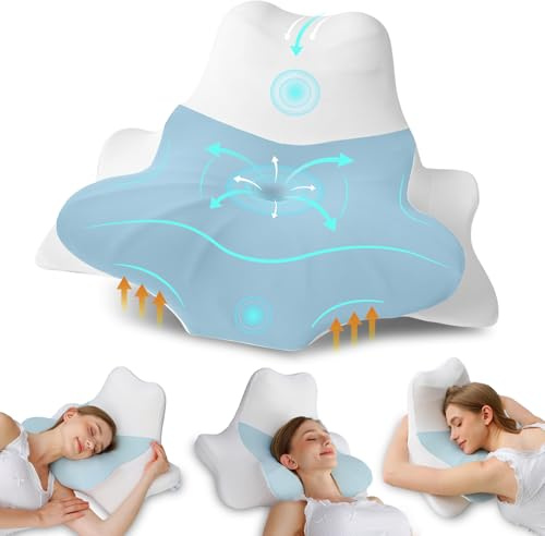 MzGro Memory Foam Neck Pillow for Neck and Shoulder Pain, Ergonomic Pillow for Back Side Stomach Sleepers, Cervical Neck Support Pillow, High Tail Versatile Pillow (Blue)