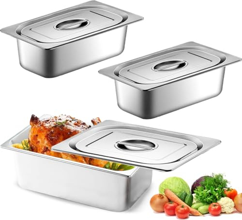 Panierschalen Set,3 Stück Behälter 1/3 Edelstahl mit Deckel,Panierset für Koteletts, Hitzebeständiger Gastro Behälter,Schnitzel Fleisch Fisch Metall Panierstraße rechteckig (32,5 x 17,5 x 6,5 cm)
