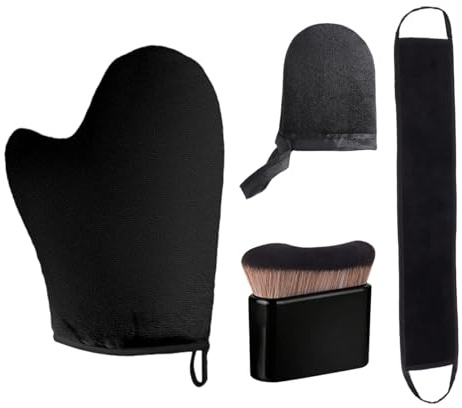 4Pcs Fake Tan Applicator Set, Self Tanning Mitt, Velvet Glove Kit with Waterproof, Applicator Brush & Back Applicator for Body and Face Tanning - Streak-Free Application Kit